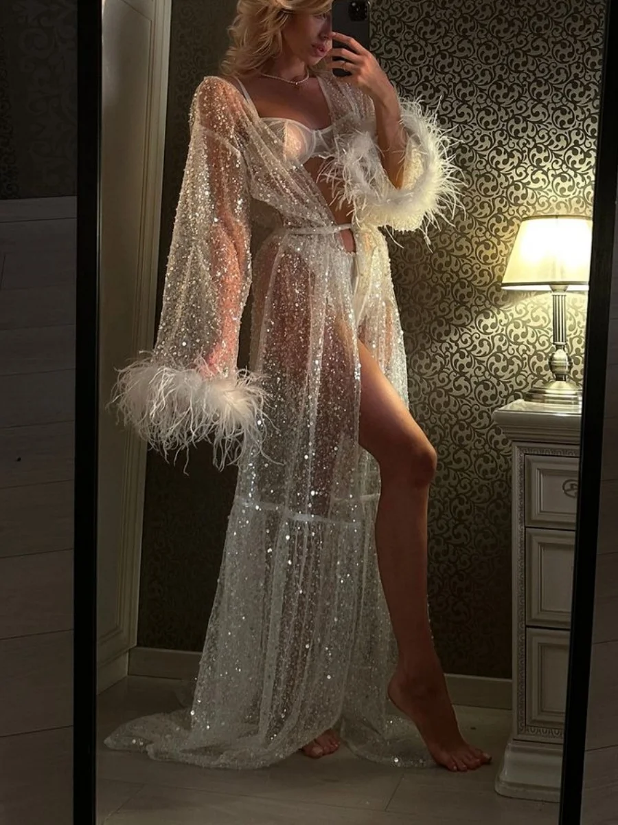 Women's Sequins Nightdress Feather Patchwork Long Sleeve Tulle Night Dress Kimono Robe Sleepwear Plush Cuff Bikini Cover up