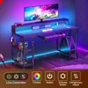 Computer Desk with LED Lights & Power Outlets, 54” Gaming Desk with Storage Shelves, Home Office Desk with Keyboard Tr 1