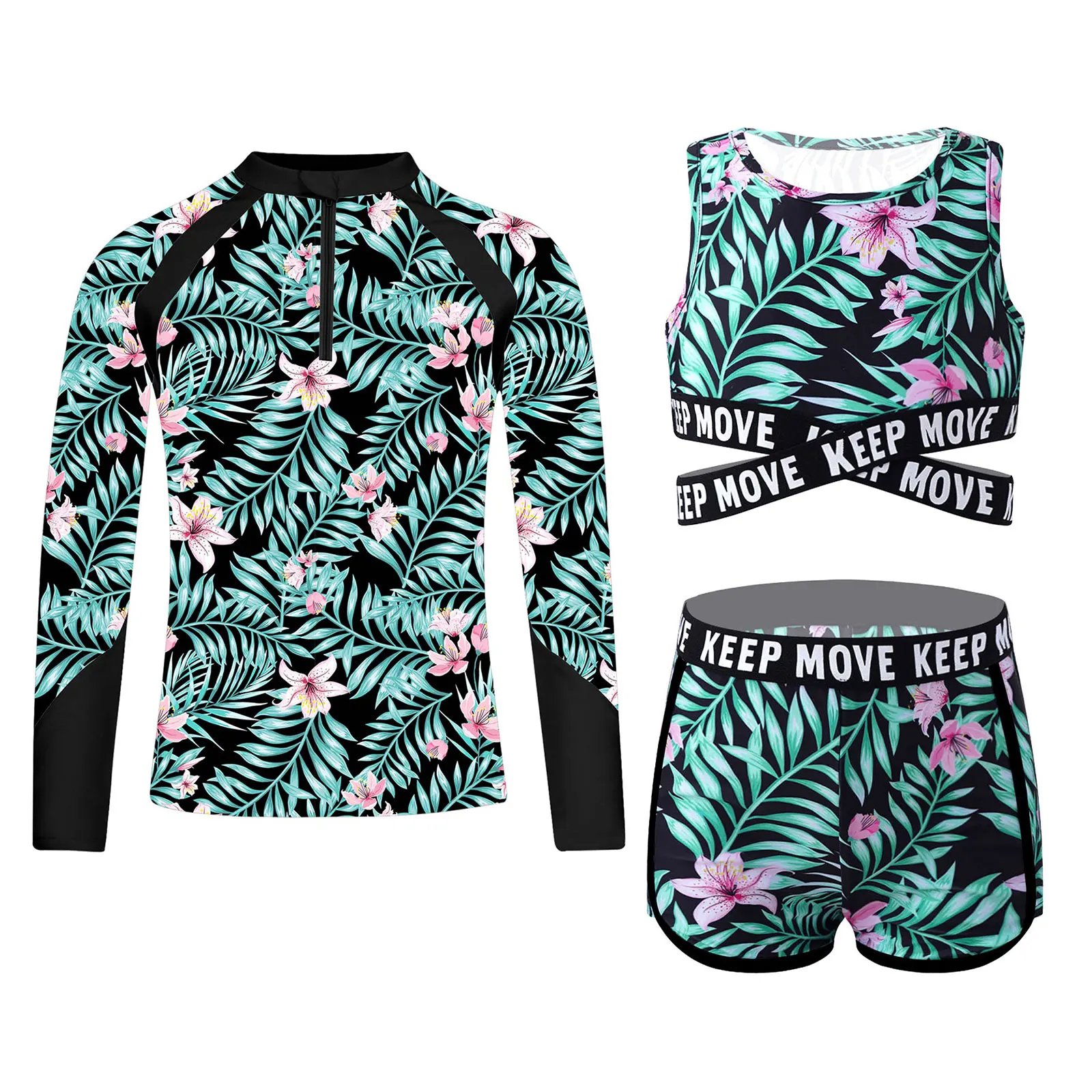 

Kids Girls Swimsuit Rash Guard Set Long Sleeve Outerwear with Crop Top Vest Shorts Beach Pool Swimming Bathing Suit Swimwear