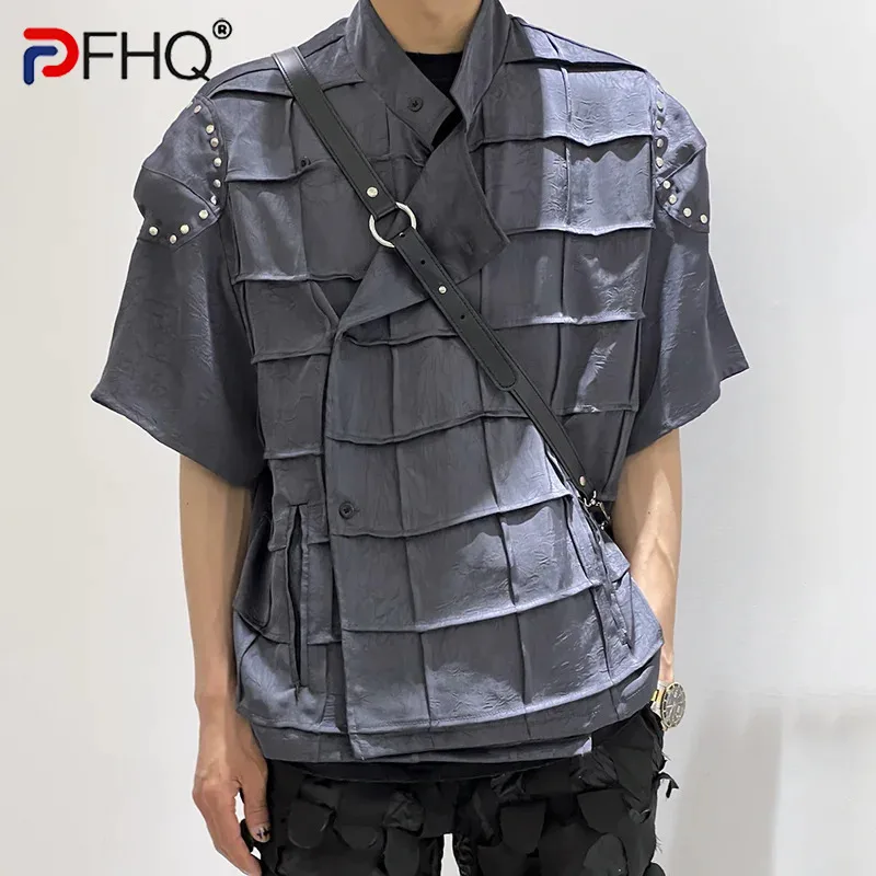 

PFHQ Short Sleeved Shirt Men's Summer Loose Casual Handsome Stand Collar Plaid Sports Breathable Tops Versatile Advanced 21Z4833