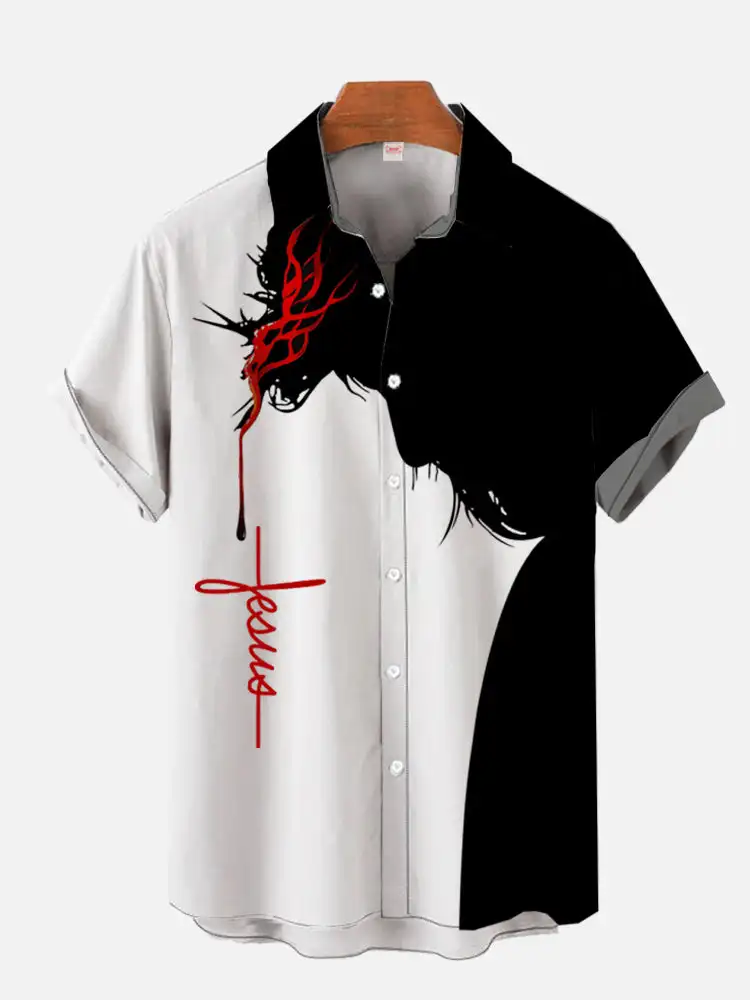 

Vintage Easter black and white patchwork Jesus faith printed short-sleeved shirt
