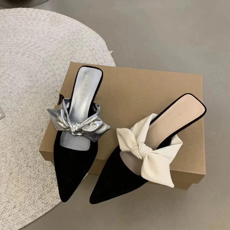 Summer Women Pointed Toe High Heels Sandals Bowknot Fashion Flower Slingback Slippers For women slingback sandals women high heels shoes women dress shoes