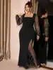Plus Size Maxi Dress Spring Summer Women Black Square Neck Sequin Mesh Long Sleeve Ruched High Slit Bodycon Sexy Evening Dress