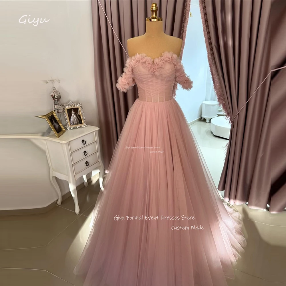 

Giyu Fairy Elegant Dusty Pink Tulle Evening Dresses Wedding Photoshoot Korea Flowers Floor Length Prom Gowns Corset Back