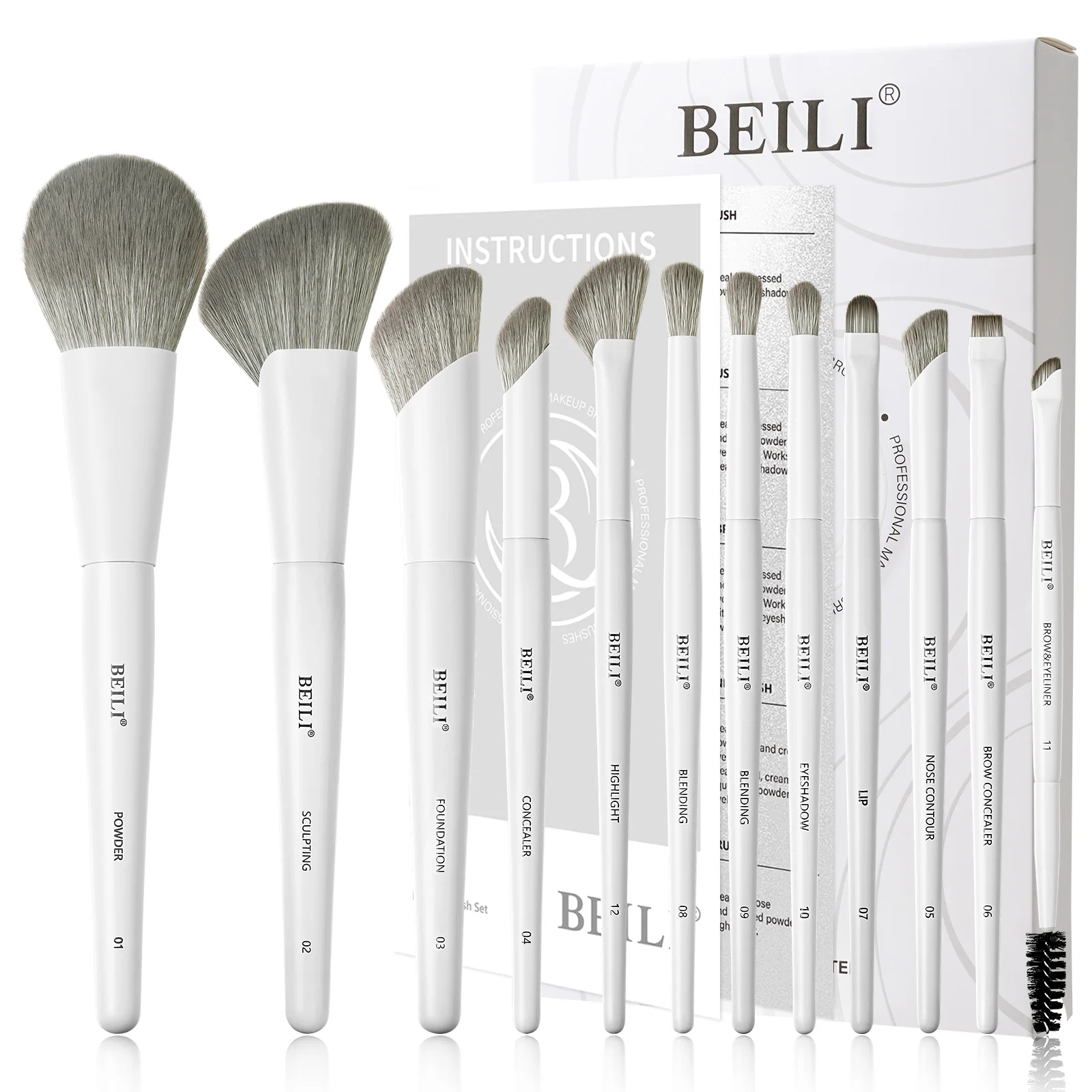 BEILI 비건 전문 메이크업 브러쉬 세트 12 Pcs 옥수수 대나무 실크 앵글 파우더 파운데이션 아이 섀도우 아이 라이너 브러쉬 화장품