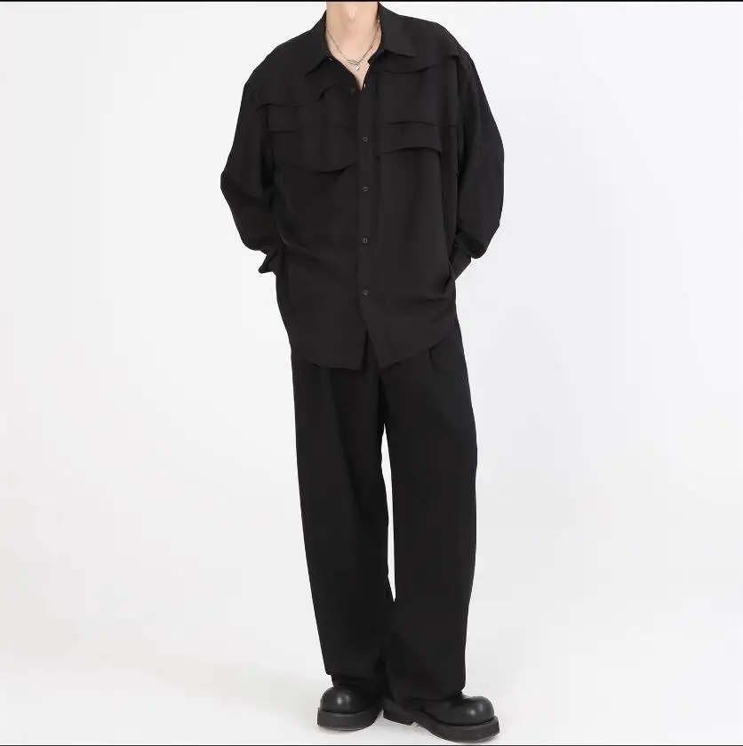 Autumn Yamamoto Yoshi Wind Niche Design Men Black Long-Sleeved Shirt Art High-Grade Top Hair Stylist Singer Coats Costumes