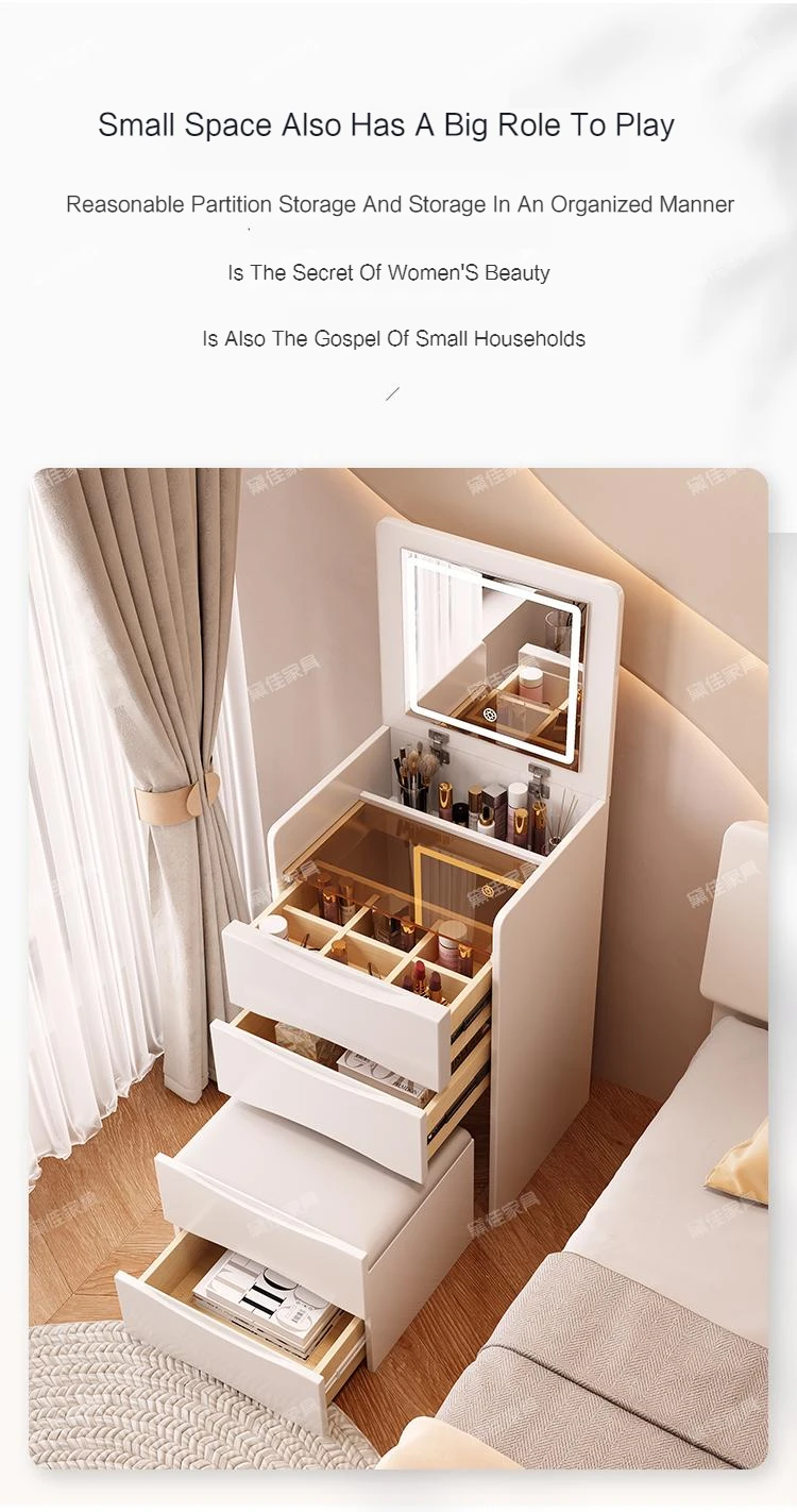 Description Picture 4 of itemLuxury White Dressers Vanity Mirror Drawer Minimalist Makeup Room Desk Lights Drawers Bedroom Table De Maquillage Furniture