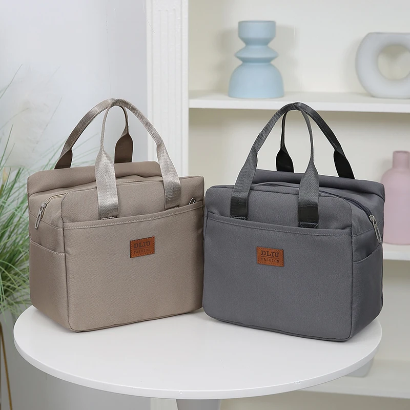 Einfarbige Lunch-Tasche mit Aluminiumfolie-Innenfutter und Reißverschluss, Große Kapazität Tragbare Arbeitstasche, Aufbewahrungstasche, Handtasche – Detail 2