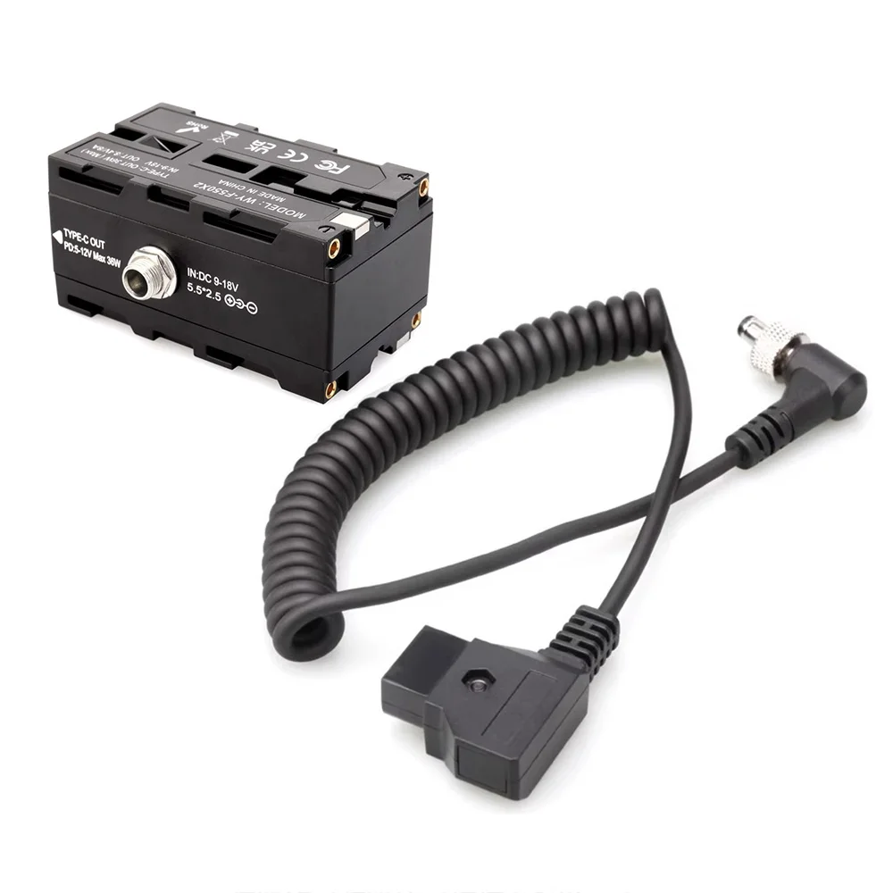 더미 배터리 전원 어댑터, D-탭, C 타입, 양면 NP-F550, 570, 770/970, 5-12V 출력, 유연한 용수철 케이블