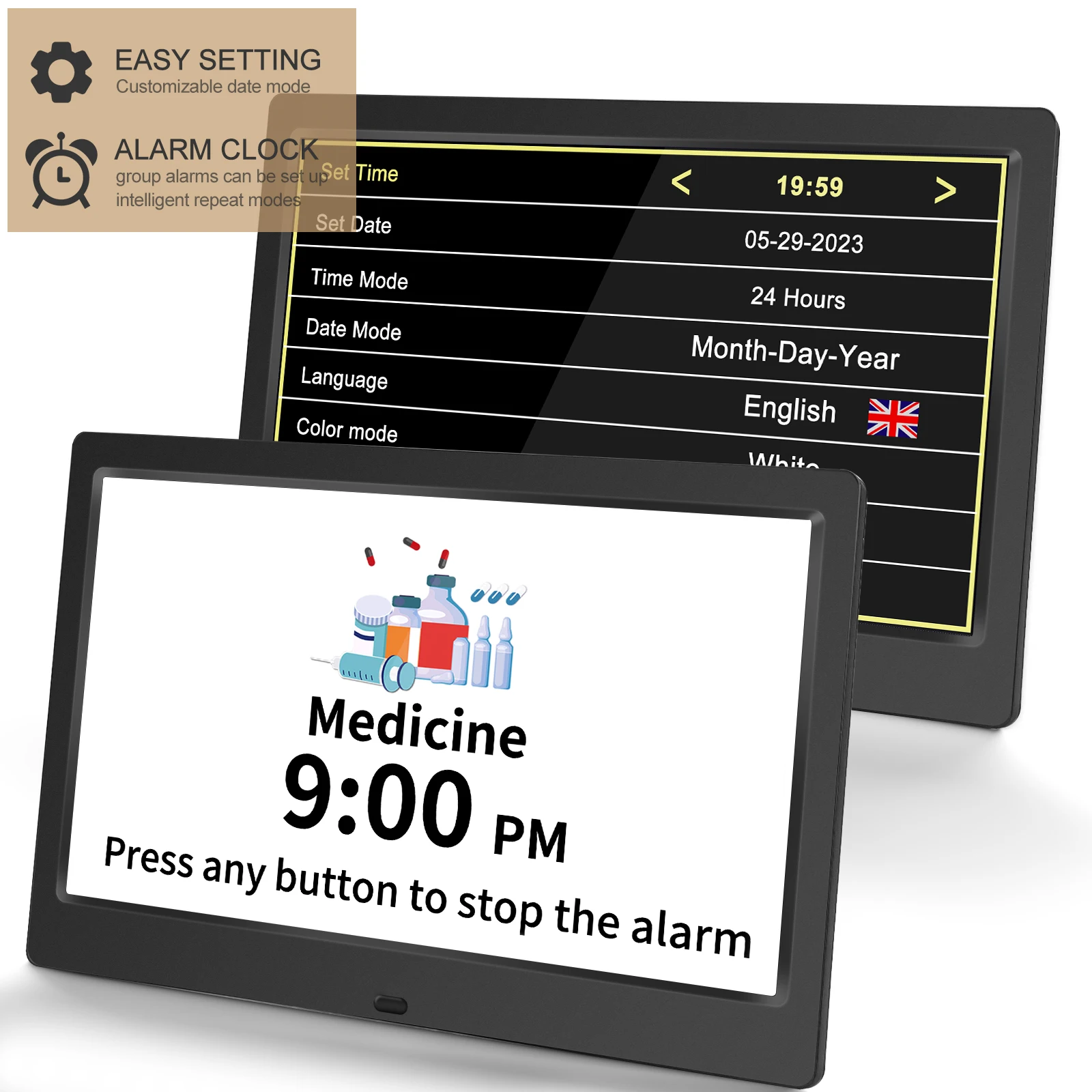 Digital Calendar Clock 21 Alarms Digital LED Calendar Clock with Multi-Languages to display Medicine Time Reminder for Elder Home Desk Wall Decoration