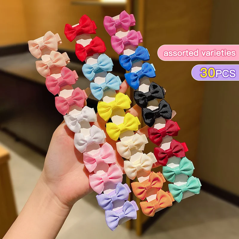 30 colored random bow fabric hair clips