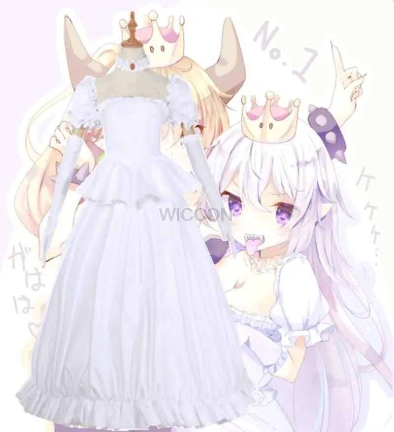 

Booette King Boo Cosplay Costume Princess Koopa White Dress with Gloves Lolita Halloween Carnival Dress Long Silver Straight Wig