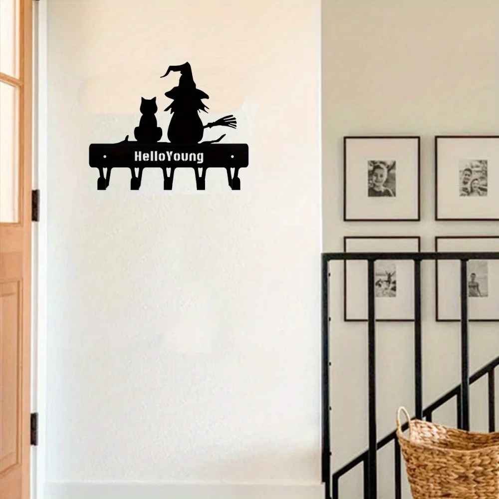 Iron Silhouette Cute Witch And Cat Garden Stake On The Branch Yard Art Decor, Tree Stump Plug-in, For Garden Lawn Courtyard