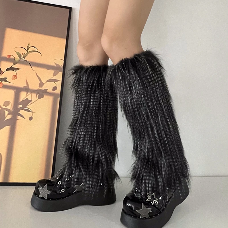 Y2K Goth Furry Faux Fur Women Leg Warmers Boot Covers Harajuku Lolita Girls Punk Fashion Cute Jk Hipster Warm Fluffies Leggings