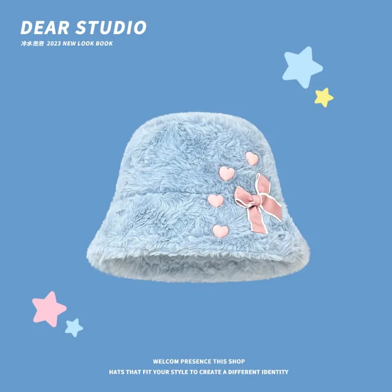 

Korean Version Sweet Star Bow Plush Bucket Hat Autumn and Winter Warm Versatile Plain Show Face Small Ins Women's Caps