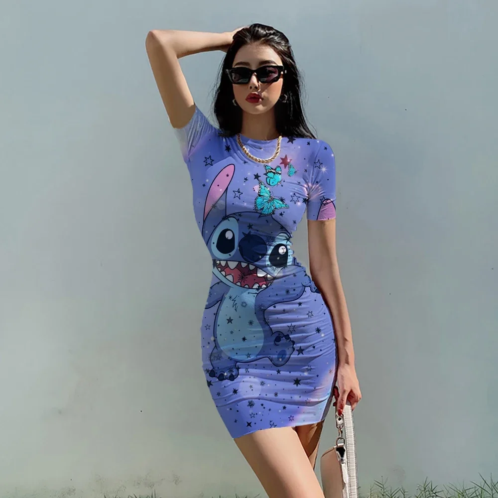 2022 Disney Stitch Cartoon Print Abito Attillato Sexy Summer Fashion Bag Hip Beach Party High Street Dresses Everyday Dress