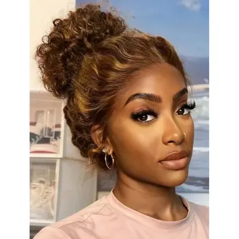 30 34 Inch Highlight 4/27 Ombre Honey Blonde Deep Wave 13x4 HD Lace Frontal Wig 250% Density Glueless Curly Human Hair Wig 1