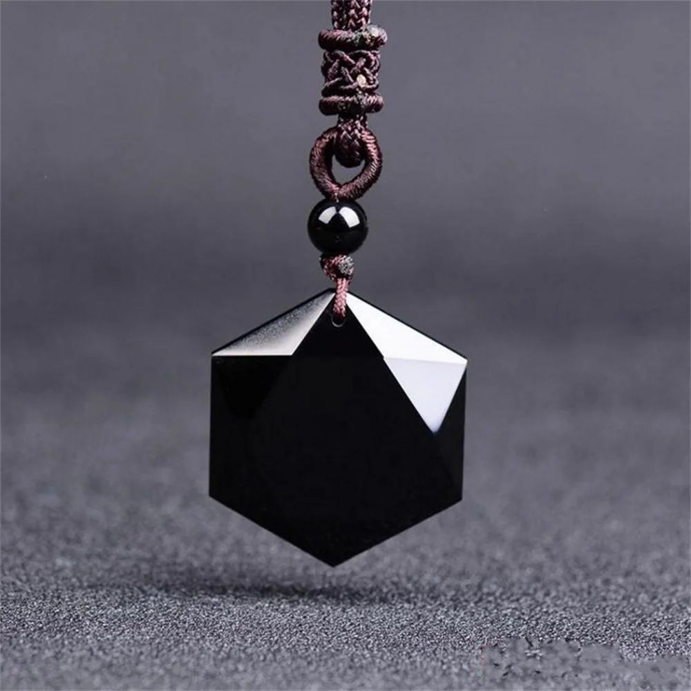 100% Natural Black Obsidian Carved Lucky Six Angle Star Faced Pendant + Free Necklace Fashion Crystal for woman man's Jewelry