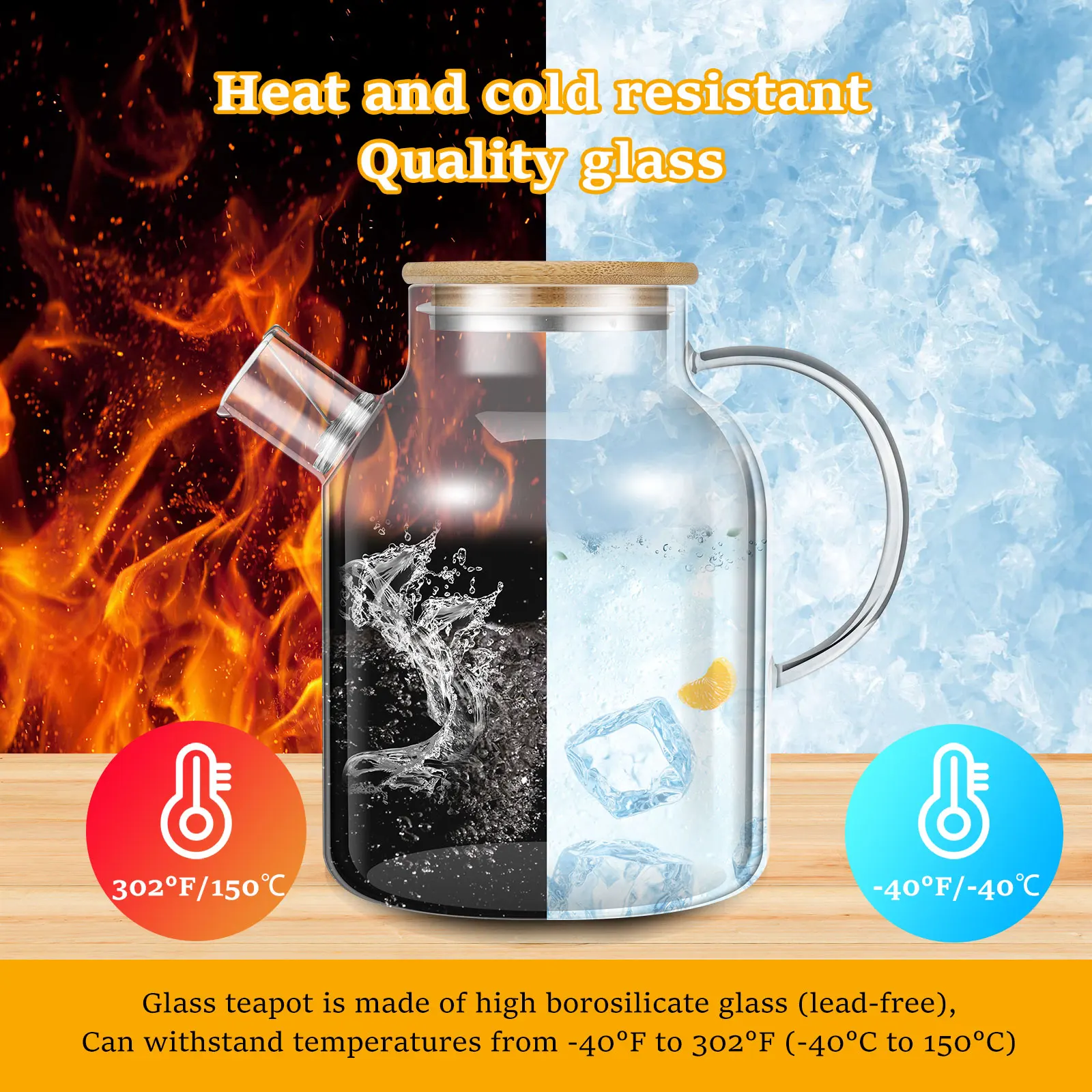 Caraffa In Vetro Borosilicato Da 1,3 Litri Con Coperchio - Resistente Al Calore, Per Acqua, Tè Freddo E Frigo, Stile Moderno