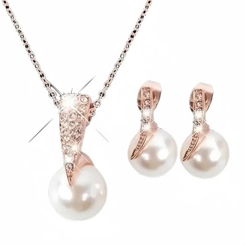 Delysia King 3pcs jewelry set Women Trendy Pearl Earrings Necklace Jewelry Set Superior Quality Rhinestones Bride Party Earring
