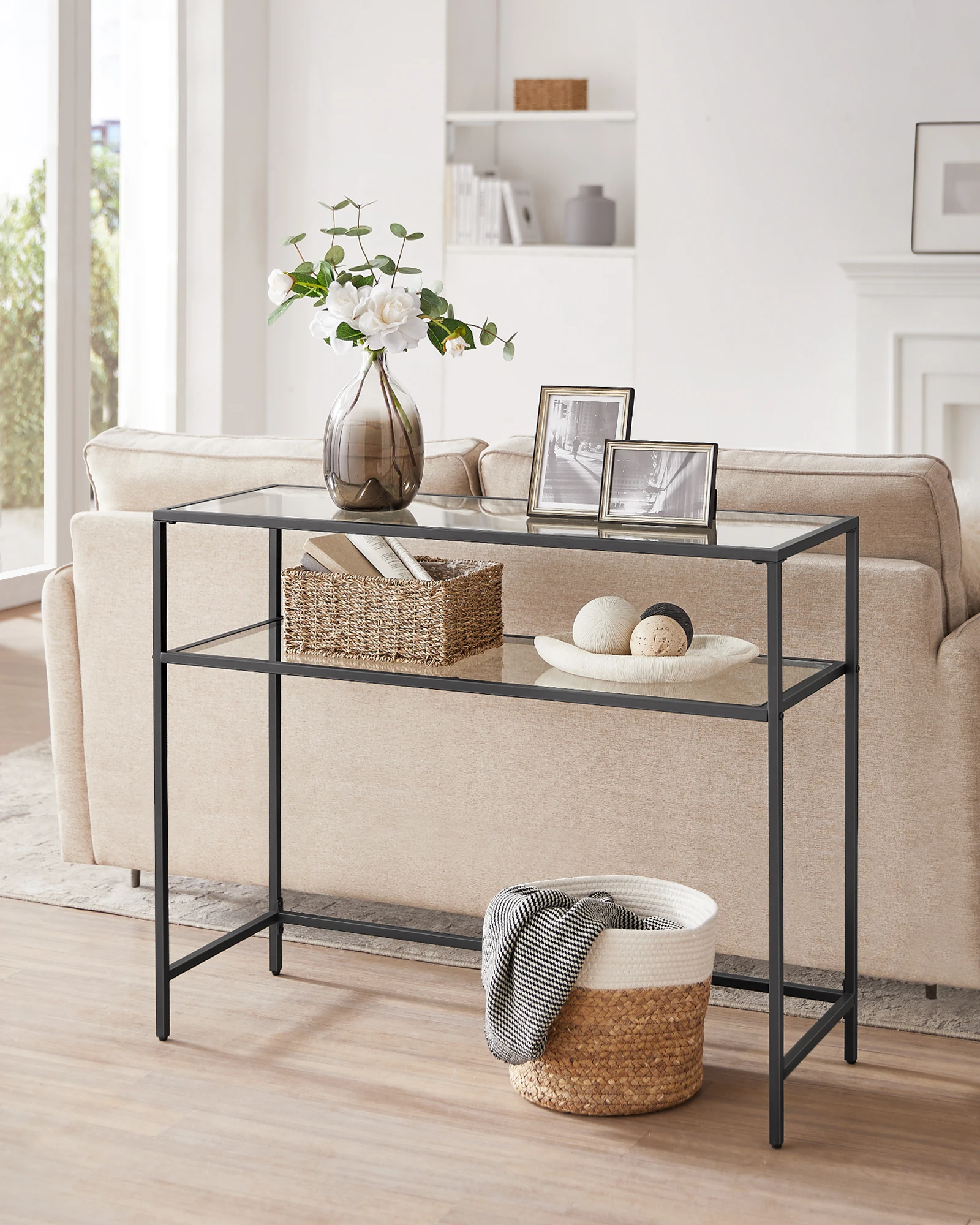 VASAGLE Console Table, Side Table, Tempered Glass Tabletop, Modern Sofa Table, 2 Shelves, for Living Room, Hallway
