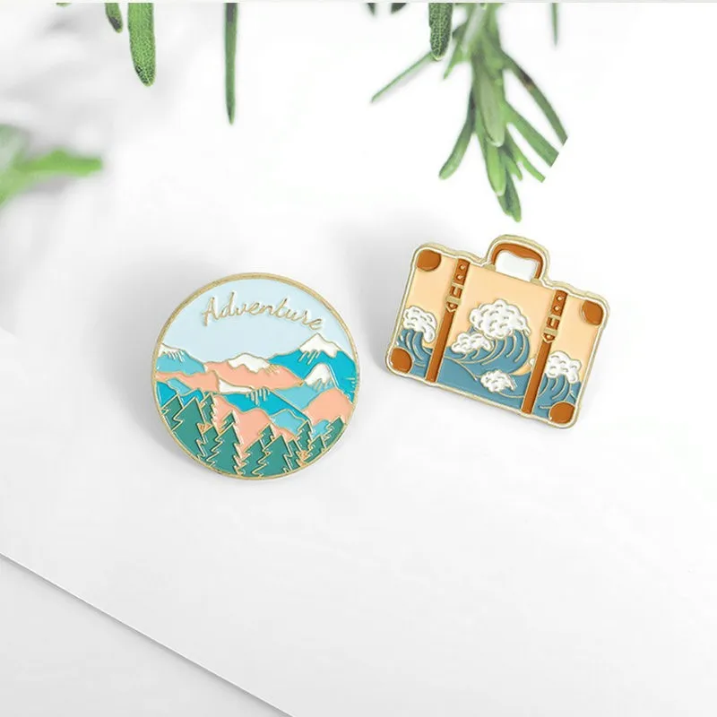 Travel Enamel Pin Adventure Tour Suitcase Journey Brooches Bag Lapel Pin Badges Mountains Oceans Wave Jewelry Gift For Friends