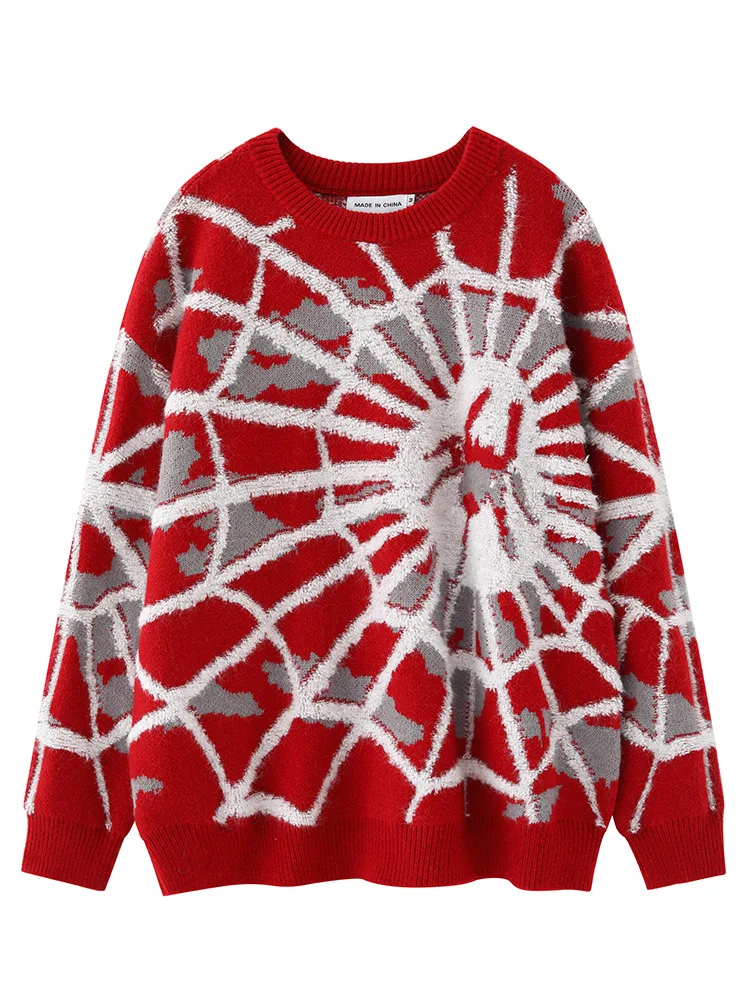 

Hip Hop Spider Web Sweater Harajuku Women Couple Ugly Male O-Neck Blouse Vintage Knitwear New Year Red American Fashion Outwear