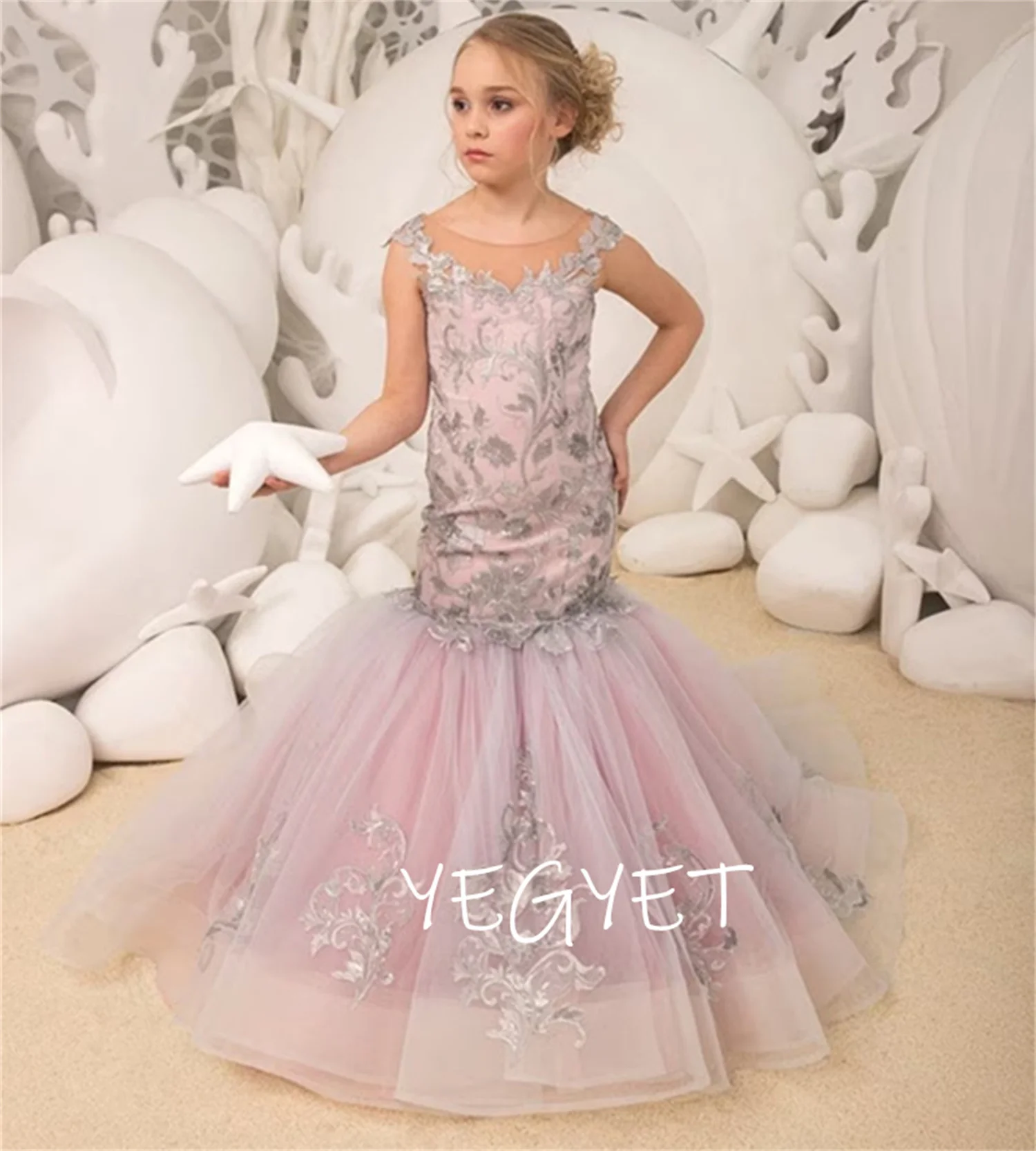 

Gorgeous Mermaid Style Blush Pink And Silver Special Occasion Lace Flower Girl Dress,Birthday,First Communion,Pageant,Party