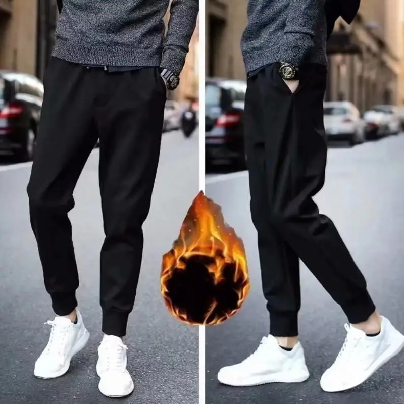 1pcs Plus Velvet Winter Men's Sport Pant Thickening Warm Long Pants Black Trousers
