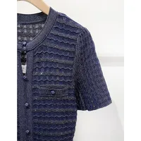 Robe midi en maille pour femme, ornée de diamants, scintillante, ajourée, élégante, col rond, bleu marine, simple boutonnage 2
