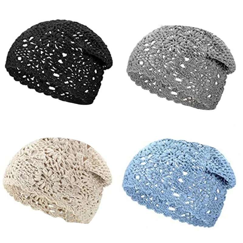 

Slouchy Beanie Handmade Crochet Soft Knit Hat Cutout Floral Skull Cap for Girls Dropship