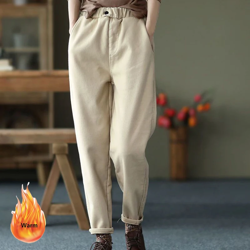 Khaki Women Plus Velvet Harem Pants High Quality Cotton Stretch High Waist  Sweatpants Casual Fleece Lined Loose Pantalones - Pants u0026 Capris -  AliExpress
