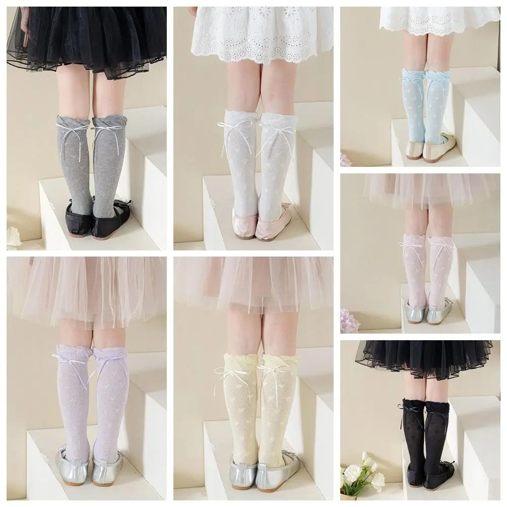 Cute Sweet Children Mid-Tube Hosiery Ribbon Bow Princess Lolita Lace Stockings Cotton Solid Color Balletcore Socks Kids