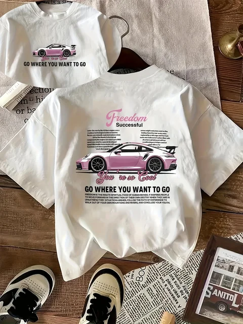 Pink Sports Car Freedom Women's Tee - Trendy Automotive Graphic, Casual Cool Top 1