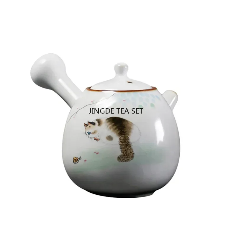 230ml Chinese ceramic Ru kiln edge handle teapot handmade cute cat travel portable filter teapot