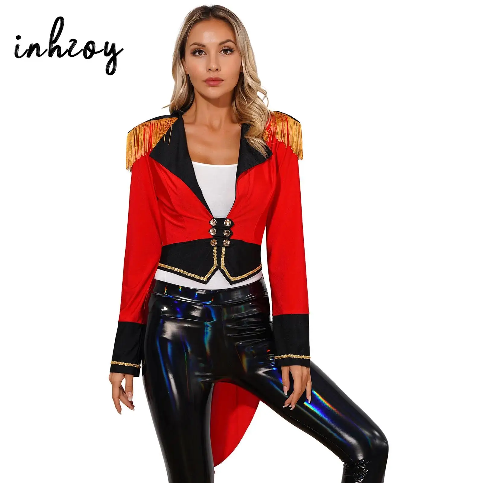 

Women Circus Ringmaster Jacket Tailcoat Showman Costume Halloween Carnival Cosplay Party Fancy Dress Tassels Swallow-Tailed Coat