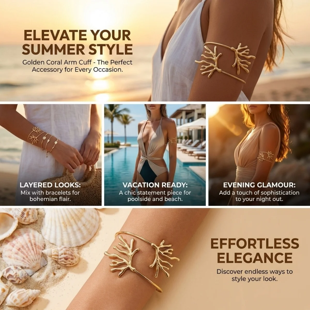 Metall-Korallen-Harz-Muschel-Armreifen für Damen und Herren, Boho-Sommer-Ozean-Strand-Armreifen, unregelmäßige Armreifen, Party-Körperschmuck – Detail 3