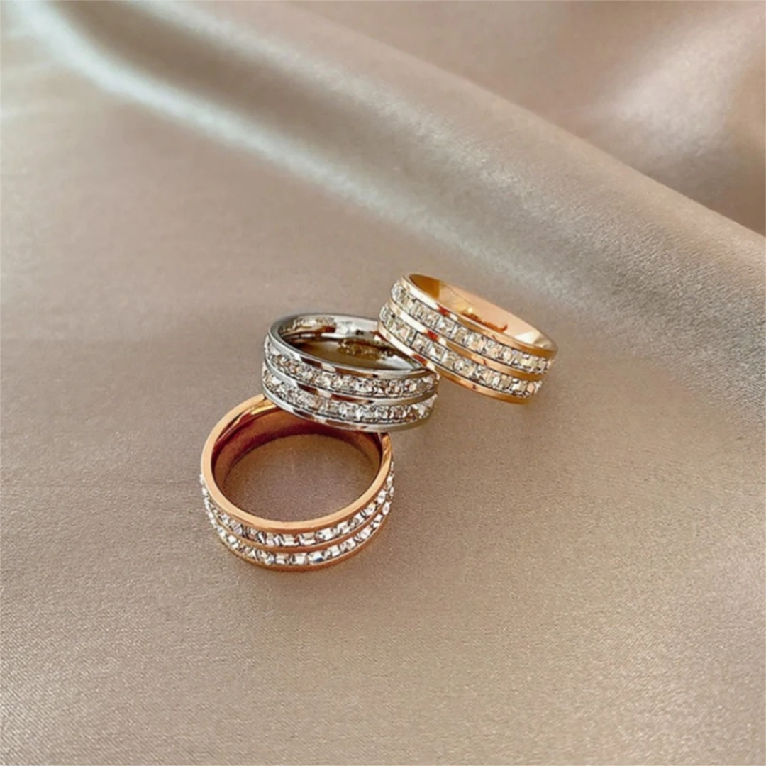 Stainless Steel Ring Double Rowed Square Zircon Women's Engagement Wedding Party Jewelry Gift