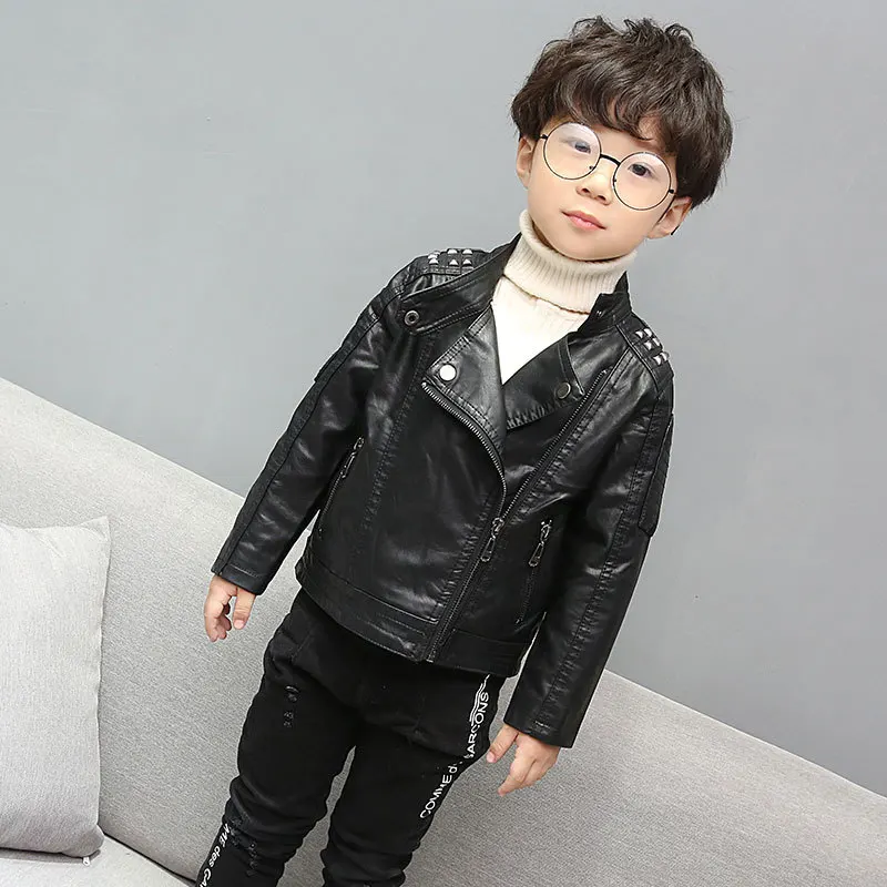 Kids Jackets Winter Children GENUINE PU Leather Jacket Zipper Boy'S Rivets Fashion Kids Spring Jacket Clothes Solid Outerwear Coats 2-16Y