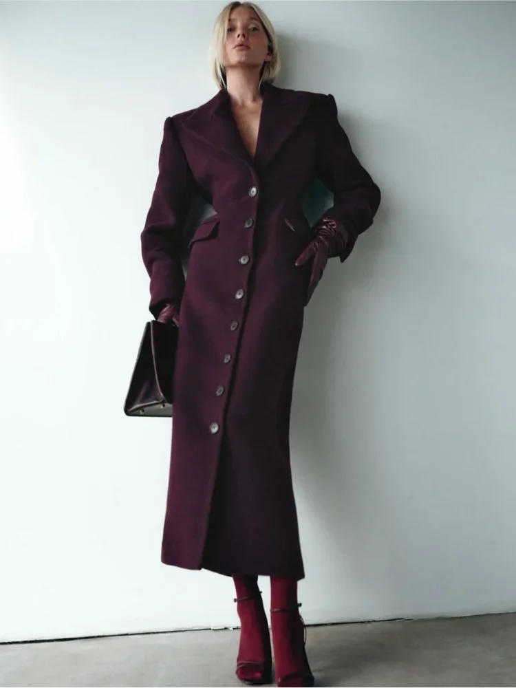Fashion High Waist Flap Pockets Long Coats Elegant Burgundy Lapel Single Breasted Wool Blends Overcoat New Lady Street Outerwear 4