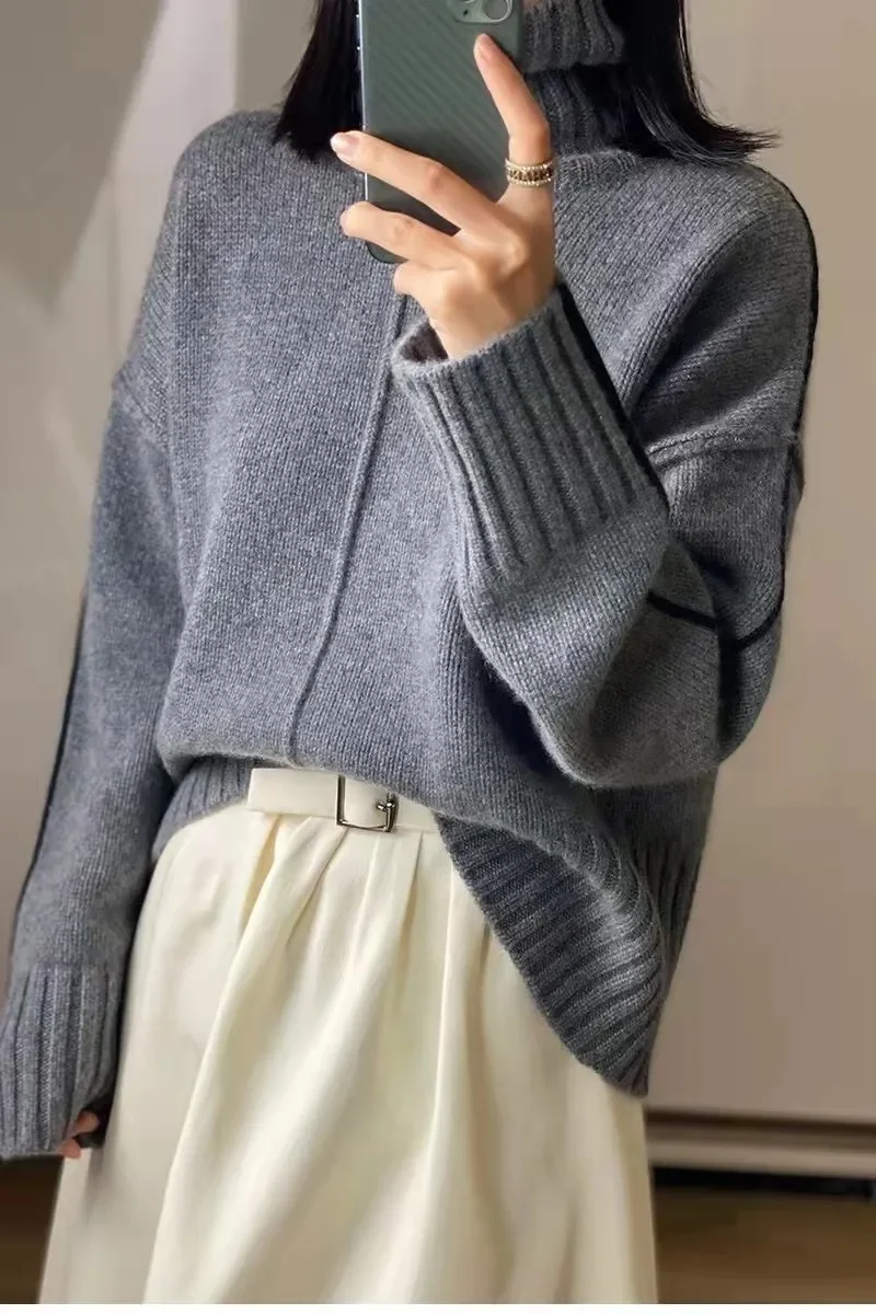 여성용 순수 캐시미어 터틀넥 스웨터 루즈핏 두꺼운 바닥 풀오버 컬러 매치 가을, 겨울을위한 유럽 스타일