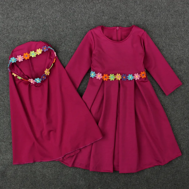 2 Piece Hijab Dress for Kids Girls Muslim Outfits Flower Khimar Abayas Islamic Clothing Child Niqab