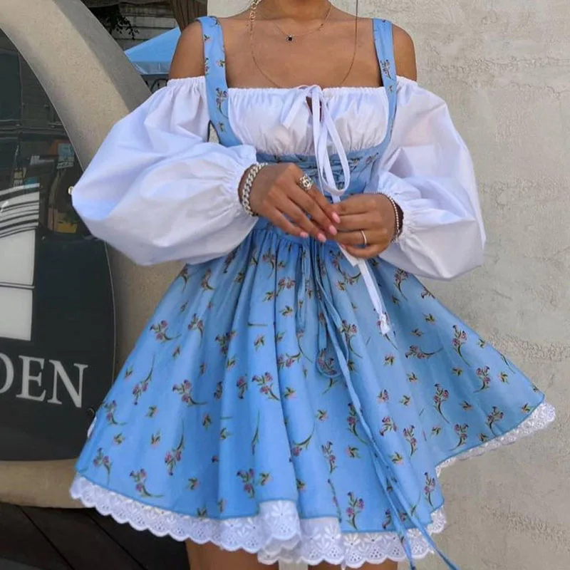 

Elegant Floral Print Patchwork Mini Dress Women Off Shoulder Puff Sleeve French Short Dress Spring Summer Sweet Holiday Dresses