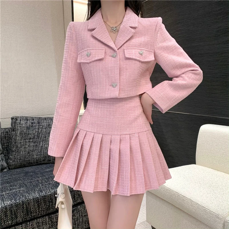 Two-piece Tweed Women's Short Coat Short Coat + Pleated Skirt Suit Two-piece Elegant and Sweet Fashion In Spring/Autumn Pink 5 piece garden lounge set green impregnated pinewood