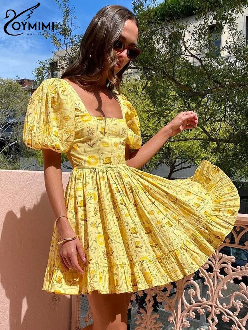 

Oymimi Elegant Yellow Print Women's Dress Casual Square Neck Short Sleeve Dresses Fashion High Waisted Pleated Mini Dress Female