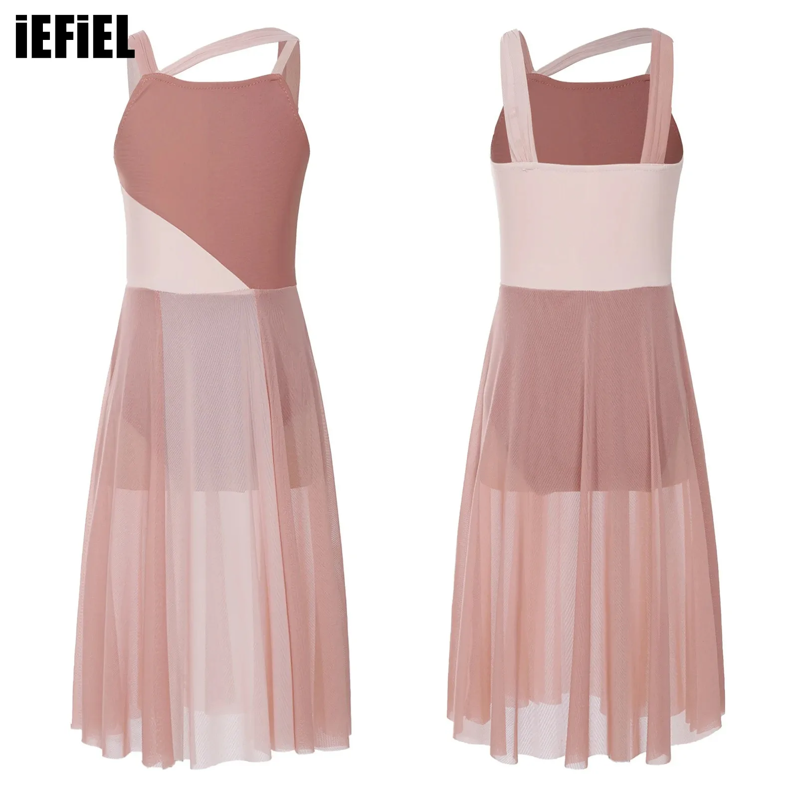 

Kids Girls Mesh Dance Dress Sleeveless Asymmetric Shoulder Straps Color Block Leotard Dress for Lyrical Modern Dancewear