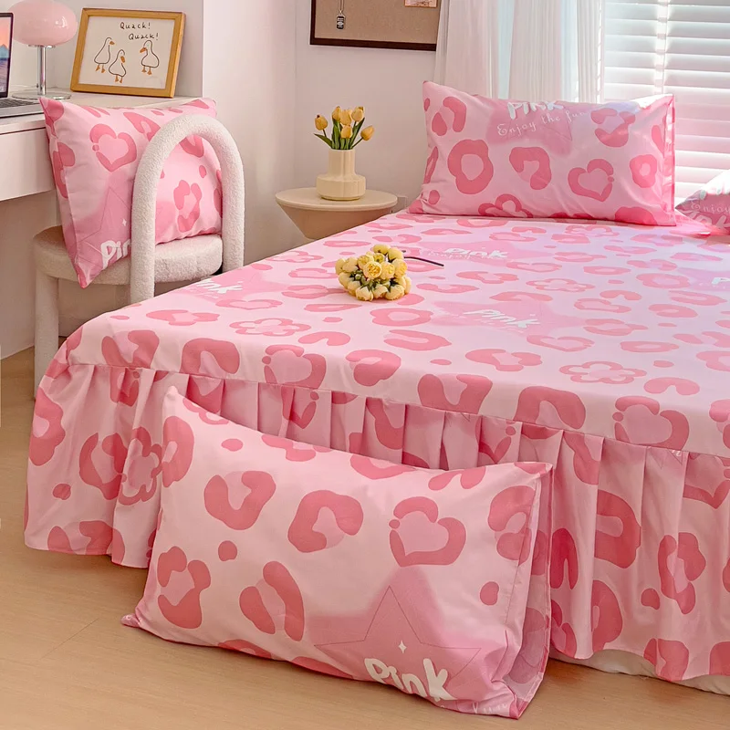 1PC Pink Leopard Print Bed Cover Bed Mattress Lace Bed Skirt Single Ful Queen King Size Bedsheets Skirts (Pillowcase Need Order) 2