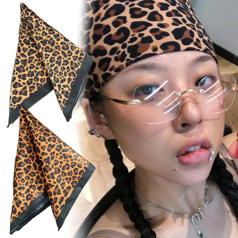 Y2k Leopard Print Headscarfs Women Square Headband 54cm HipHop Street Dance Retro Motorcycle Riding Face Scarfs printed scarf,square scarf,women scarves