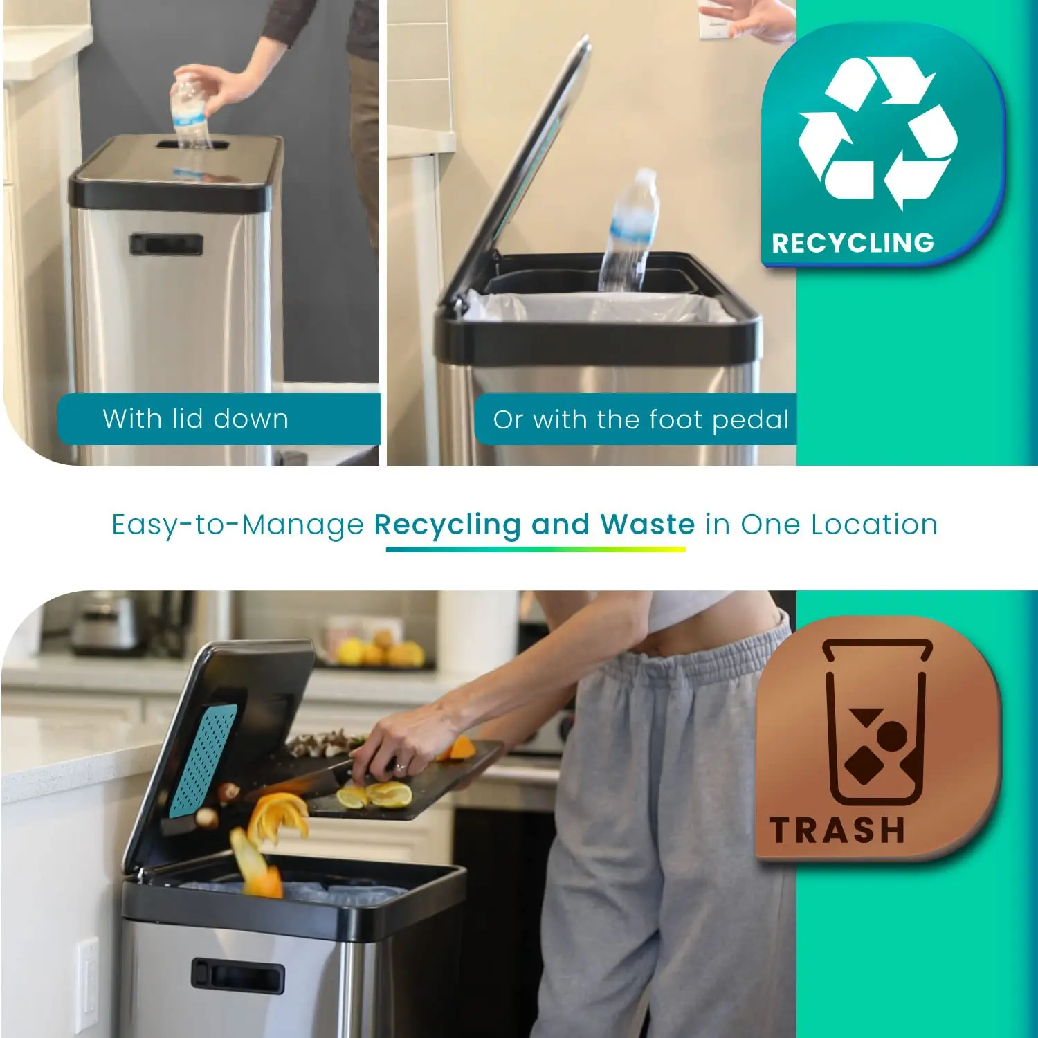 19 Gallon Kitchen Trash Can with Dual Compartments for Recycling, CleanAura Odor Control,Stainless Steel, Silver,70 Liters Total