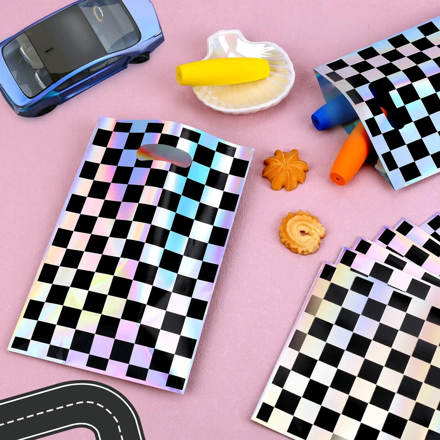 Race Car Party Favor Gift Bag Disco Shiny Iridescent Laser Candy Treat Bag Holographic Black and White Checker Goodie Loot Bag 5